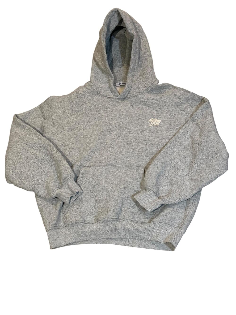 Aelfric Eden Hoodie Mens Medium Gray Logo Fleece Pullover Kangaroo Pocket Lined